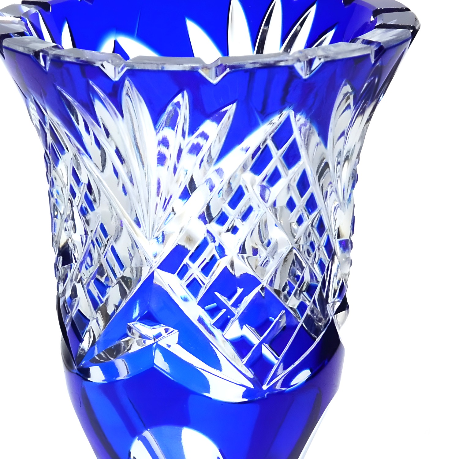 Blauer Bleikristallvase, Handgefertigtes Geschliffenes Glas Mit Geometrischem Muster, Bohemia Vase, Vintage Dekorativer Wohnakzent